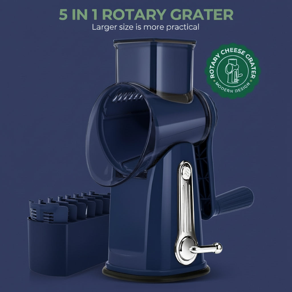 Green 5-in-1 rotary grater with additional attachments on a white background