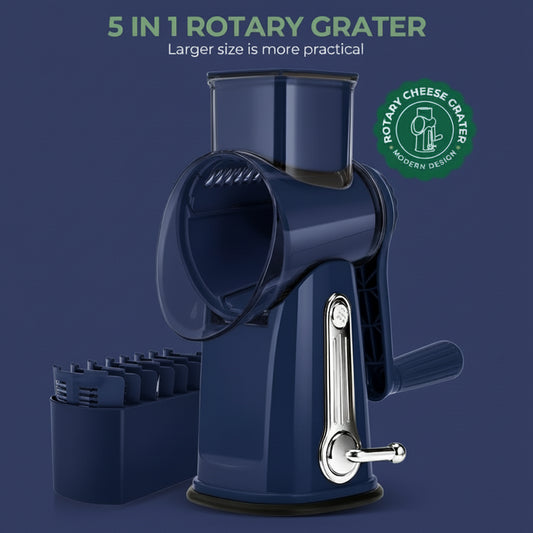 Green 5-in-1 rotary grater with additional attachments on a white background